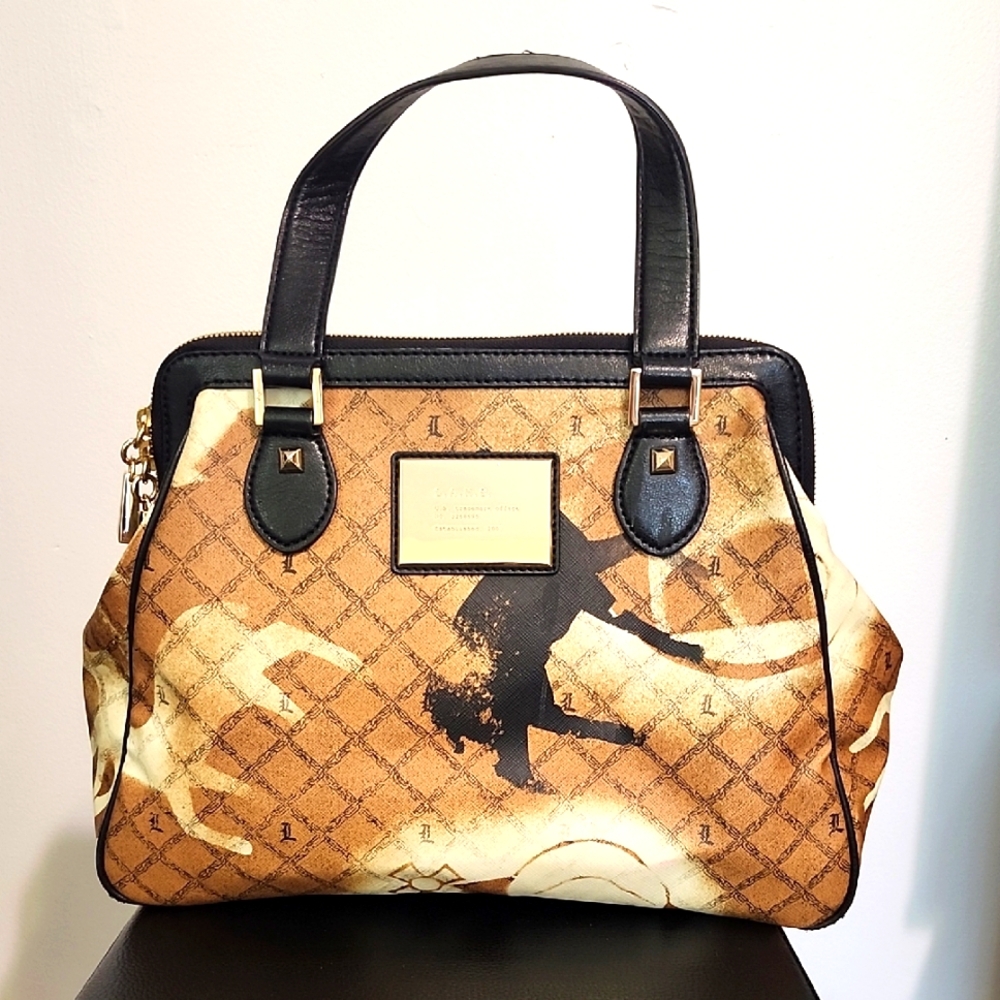 L.A.M.B. Top Handle Purse With Lamb Pattern (Brown, Cream, Black)